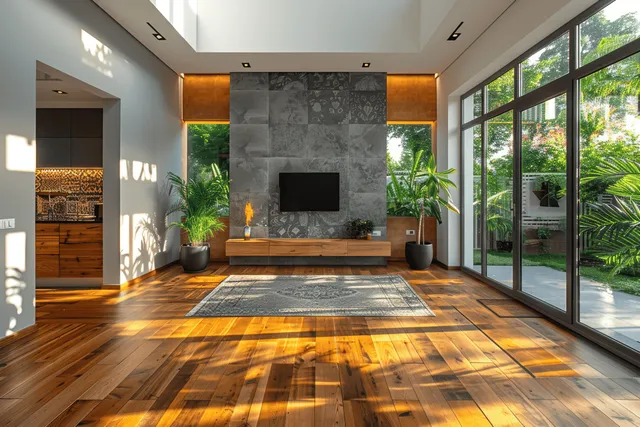 Sunlit modern living room with wooden floor, large windows, wall-mounted TV on a stone feature wall, and indoor plants.