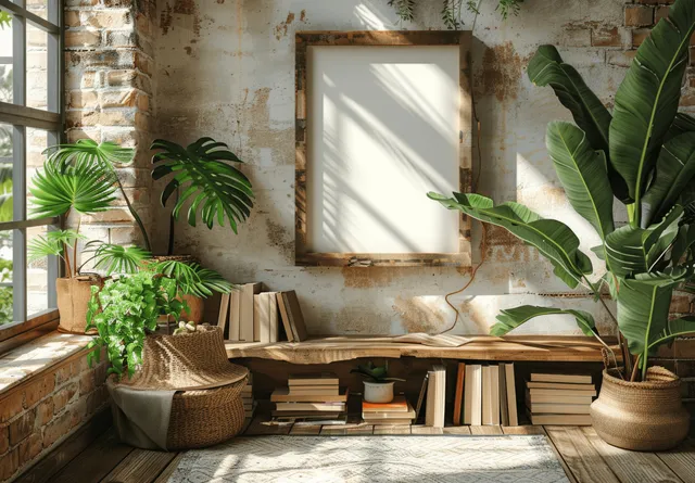 Empty wooden picture frame mockup on a book-stacked table with tropical plants in a sunlit rustic interior.