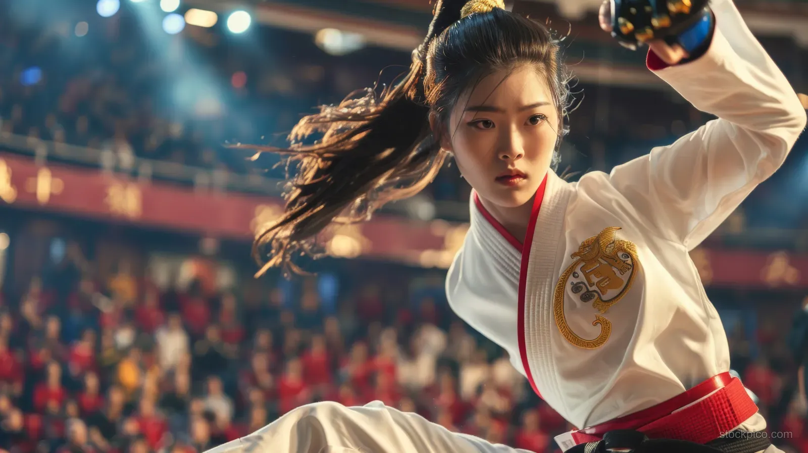 A taekwondo athlete executes a powerful kick, surrounded by vibrant red and gold colors reflecting Chinese cultural elements.