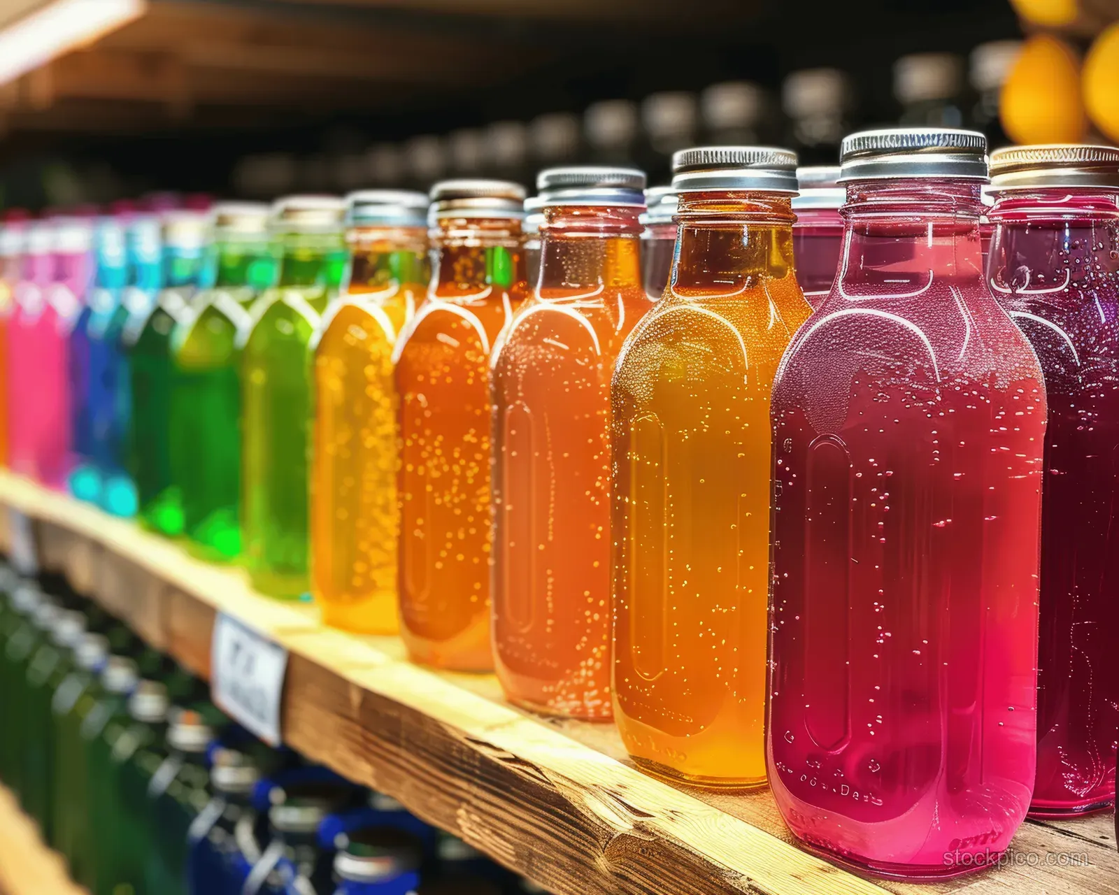 Colorful ingredient bottles sit in a row on a wooden shelf at a skincare chemistry exhibition.