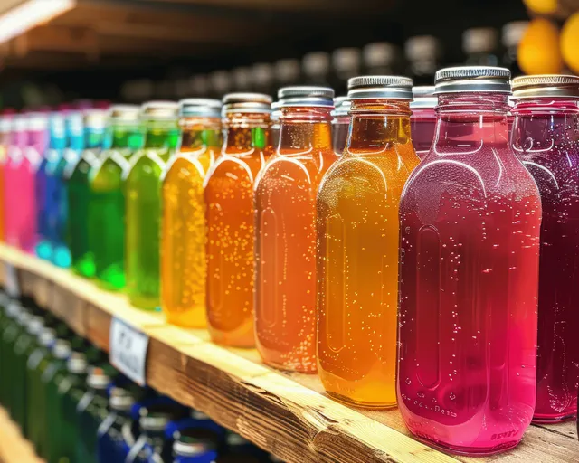 Colorful ingredient bottles sit in a row on a wooden shelf at a skincare chemistry exhibition.