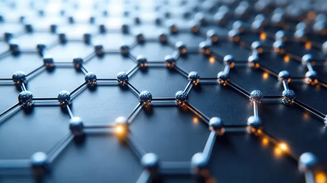Macro 3D graphene lattice with glowing bonds and metallic atom nodes in cool blue light