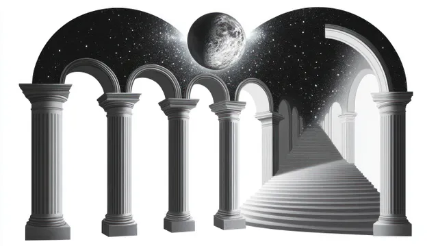 Monochrome stone arches and columns frame a staircase rising into a starry night sky with a glowing moon.