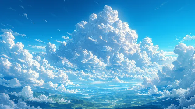 A vibrant midsummer sky showcases towering thunderhead clouds in a dreamy anime-inspired color palette.