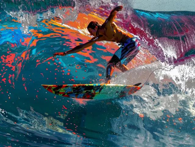 Male surfer airborne above a breaking wave while carving with a shortboard, sending spray upward.