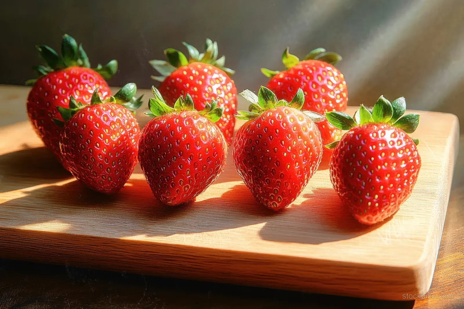Seven ripe red strawberries with green leaves are arranged on a wooden cutting board, illuminated by warm sunlight.