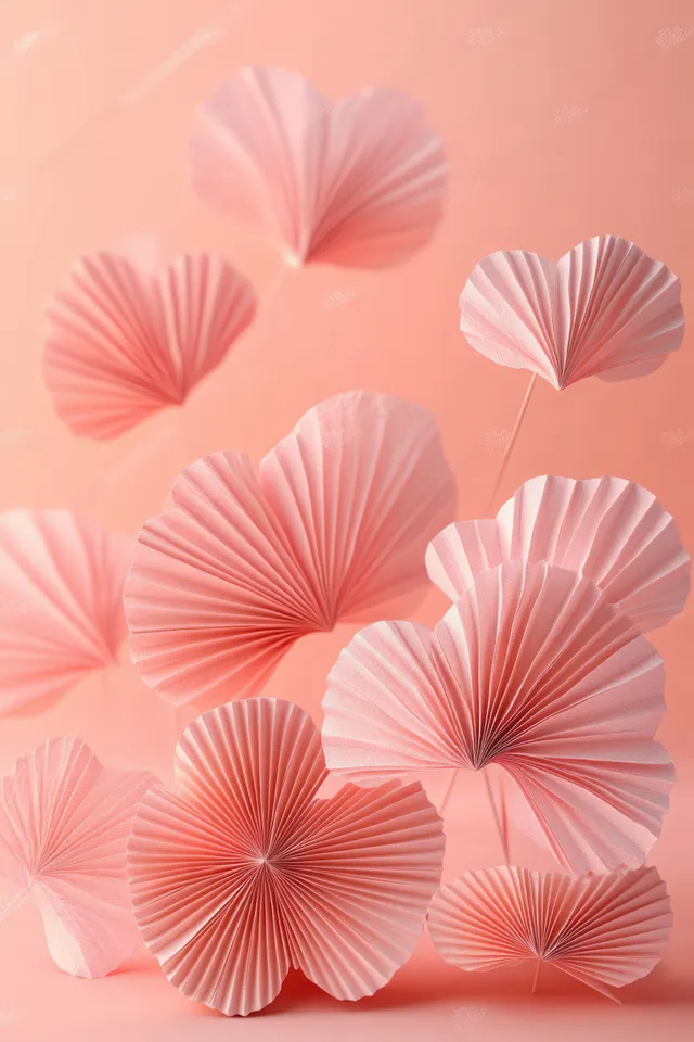 Pastel pink paper fan hearts float on a warm peach background.