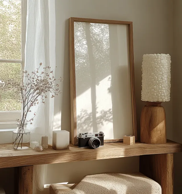 Wooden shelf holds a vintage camera and blocky lamp next to a sunlit window and mirror with plant shadows.