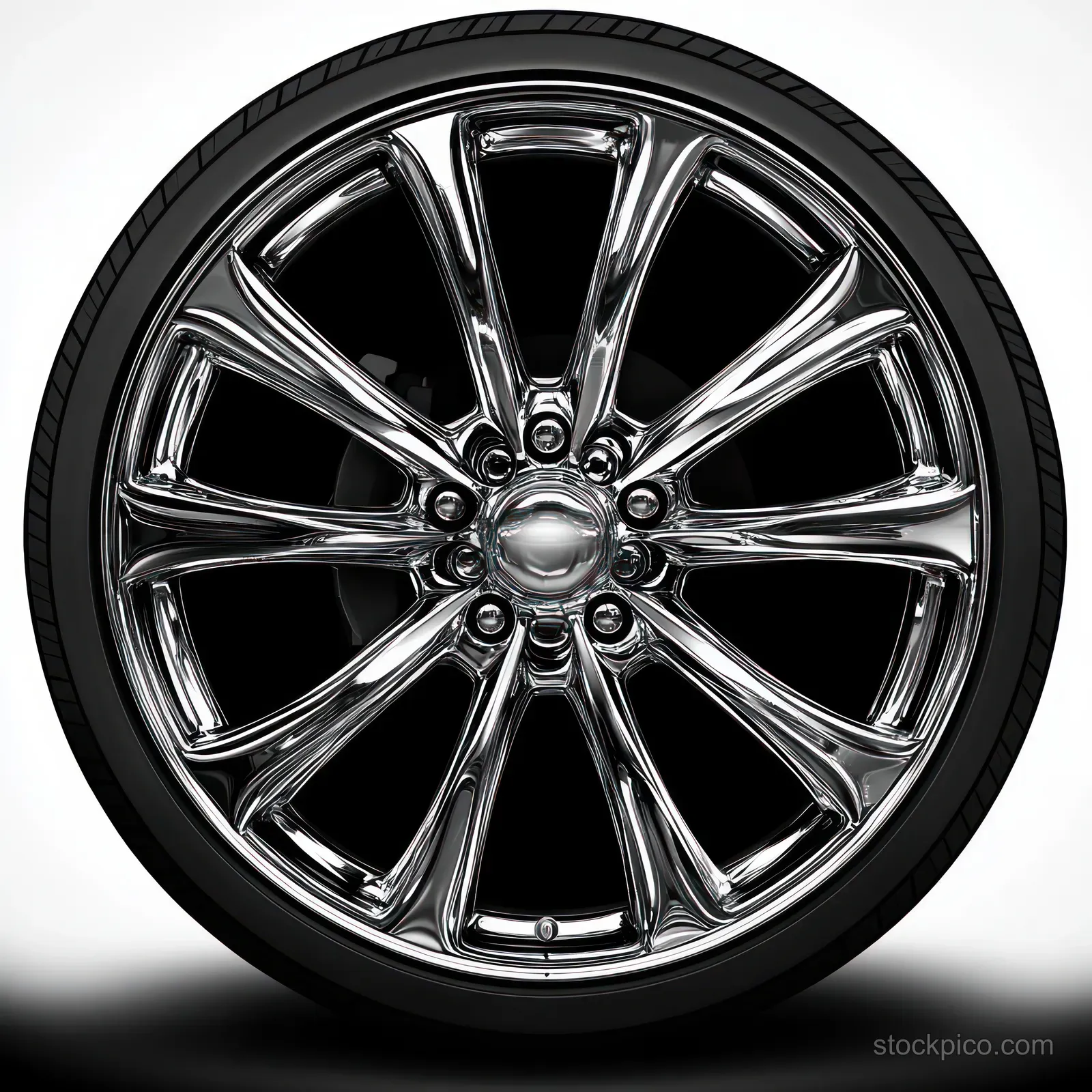Close-up of a chrome multi-spoke car wheel with a black tire on a white background.