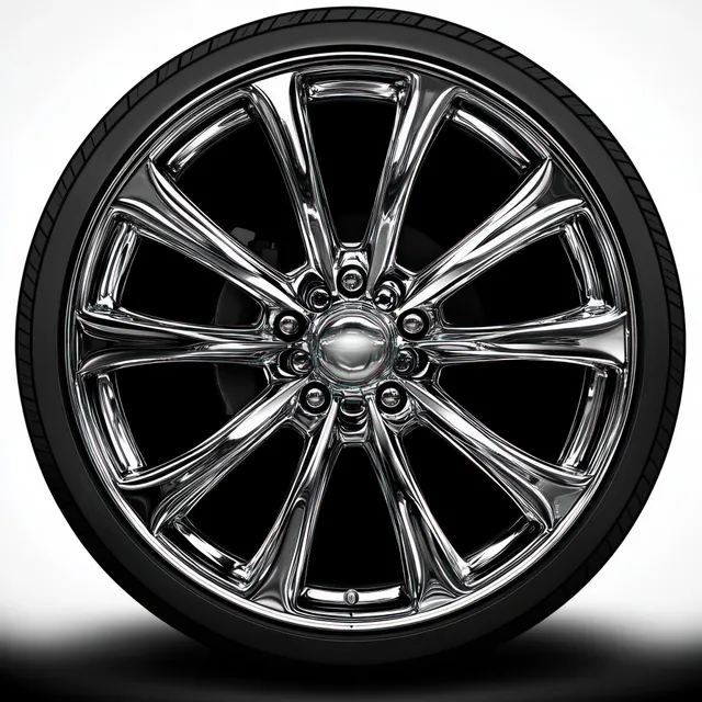 Chrome multi-spoke car wheel close-up with reflective rim and black tire on white background