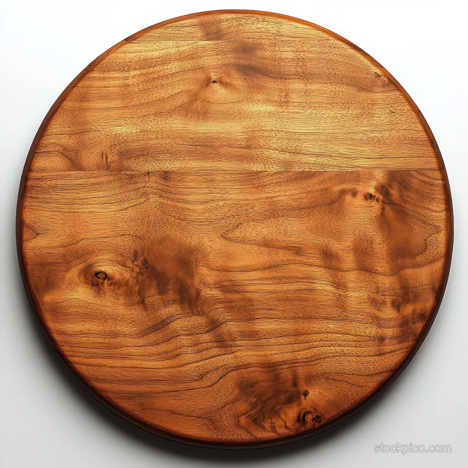 Top-down view of a round cherry wood table showing rich grain under warm natural light.