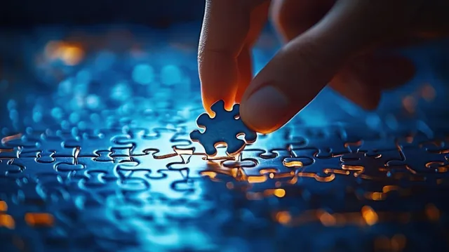 A hand places the final jigsaw piece into a nearly completed blue and orange puzzle on a tabletop.