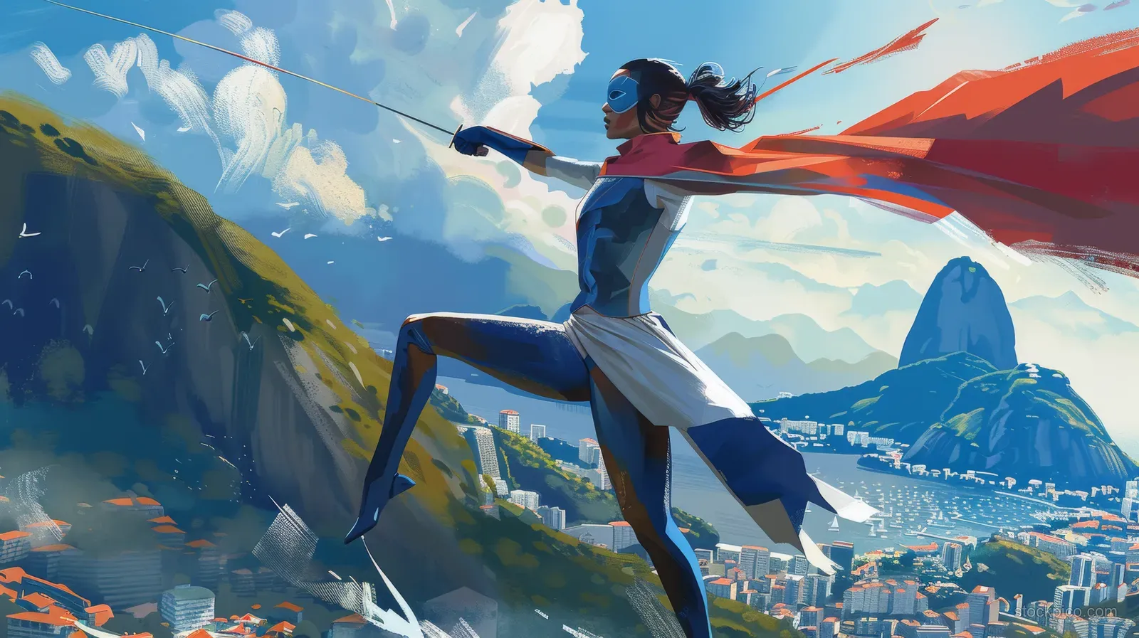 A woman in fencing gear leaps on a Rio hillside with Rio skyline and mountains in the background.