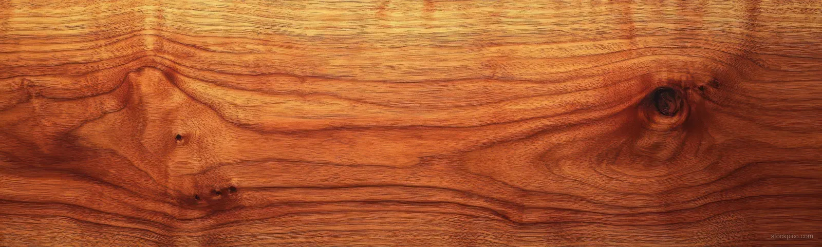 Smooth warm brown wooden planks with natural grain patterns and a few knots in closeup.