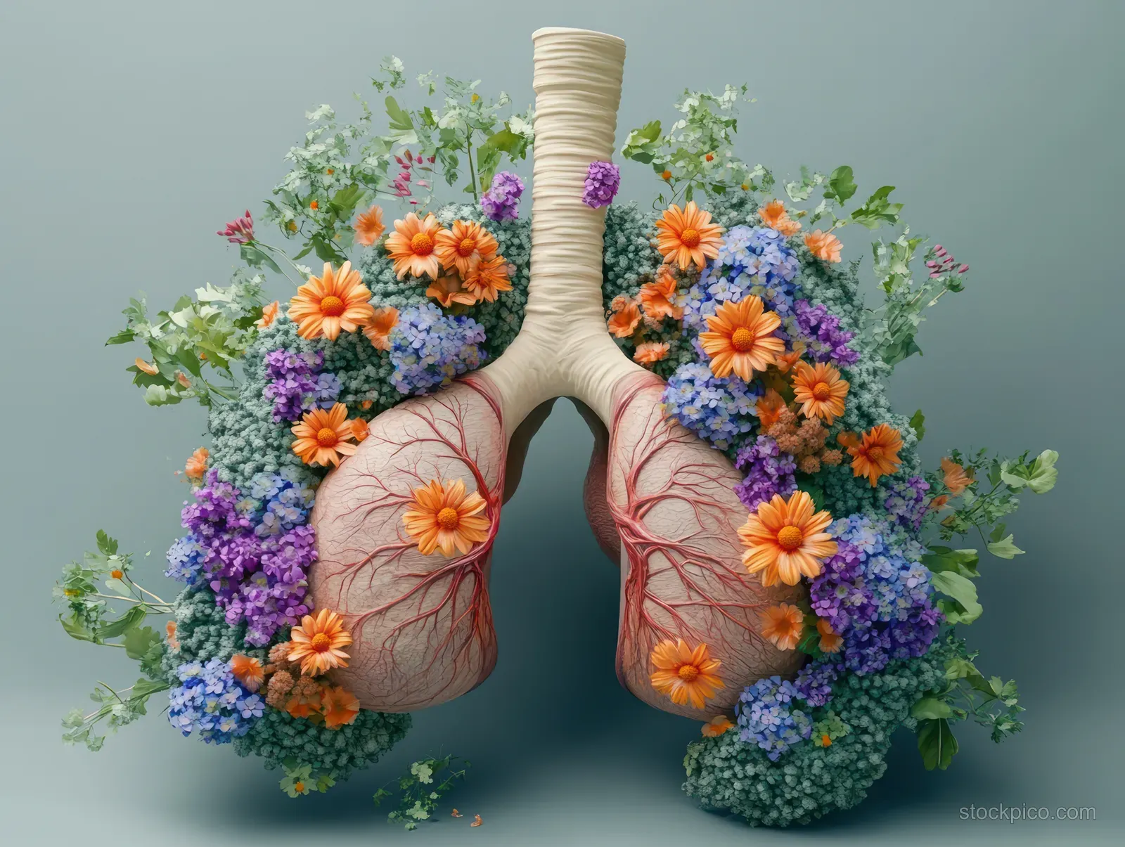 Floral orange, purple, and blue wreaths surround realistic lungs with visible veins and a central stem.