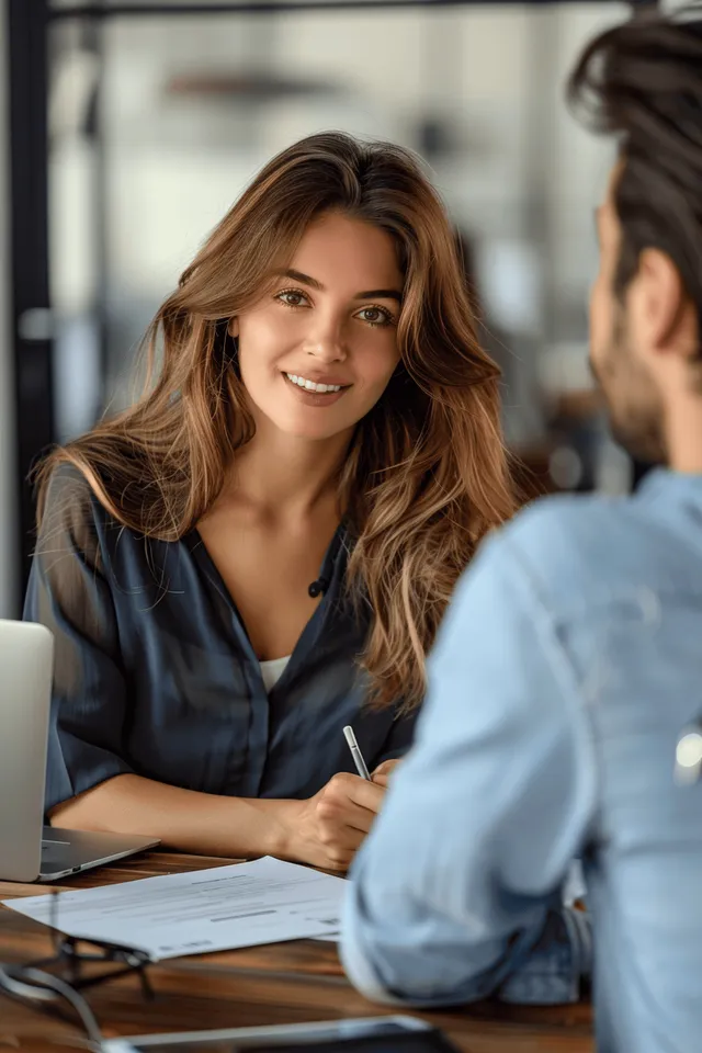 A smiling female manager reviews documents with a male coworker at a modern office desk with a computer.