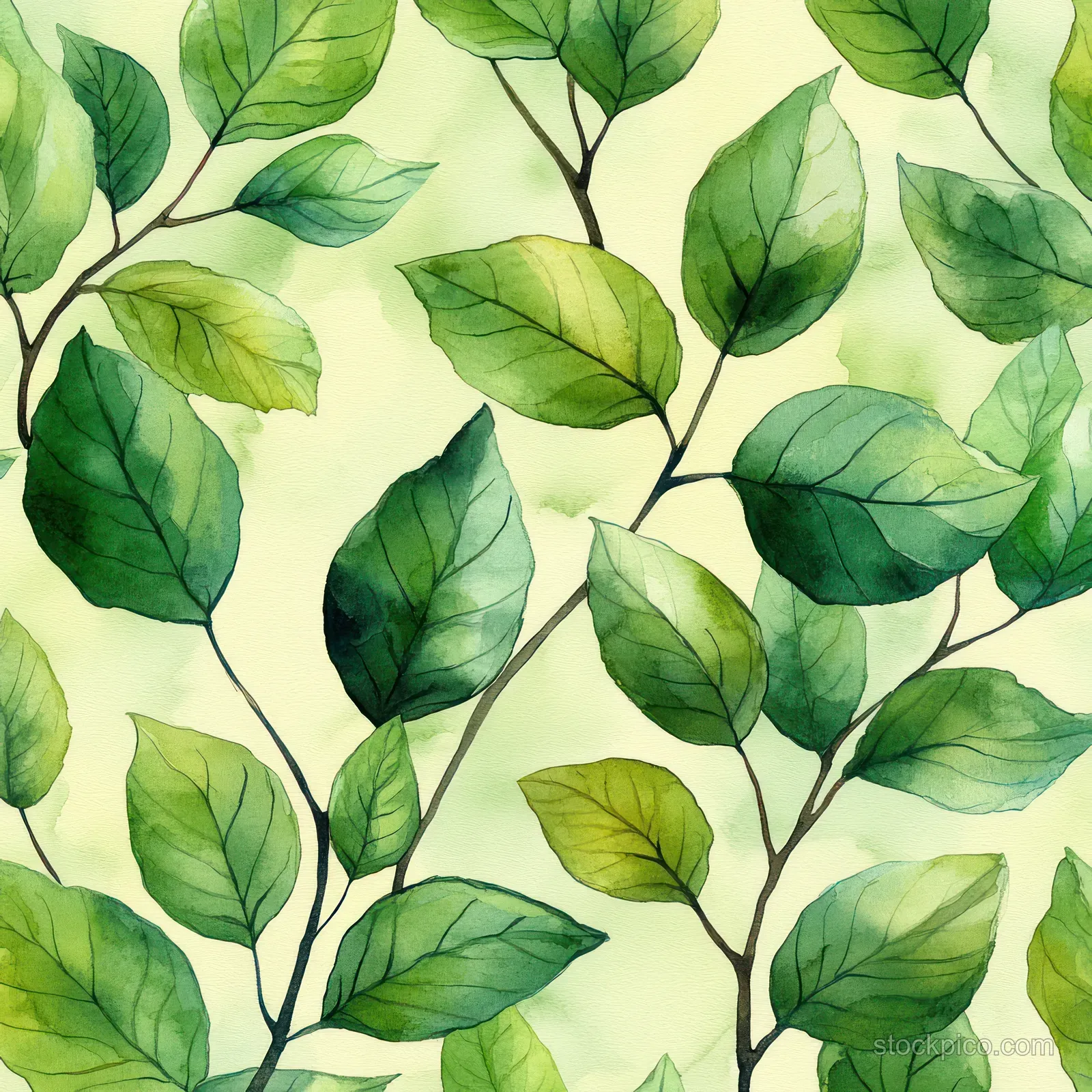 Seamless watercolor pattern of layered green tropical leaves on a pale cream background.