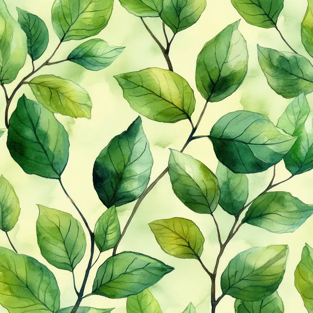 Seamless watercolor tropical leaf pattern with layered green foliage on pale background