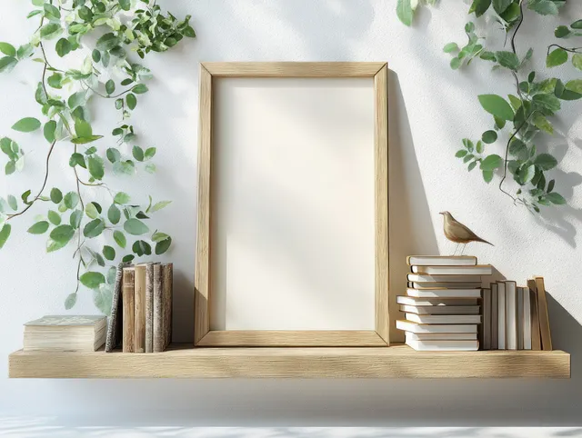 Minimalist wooden picture frame on a shelf with stacked books and green leafy plants in soft daylight.