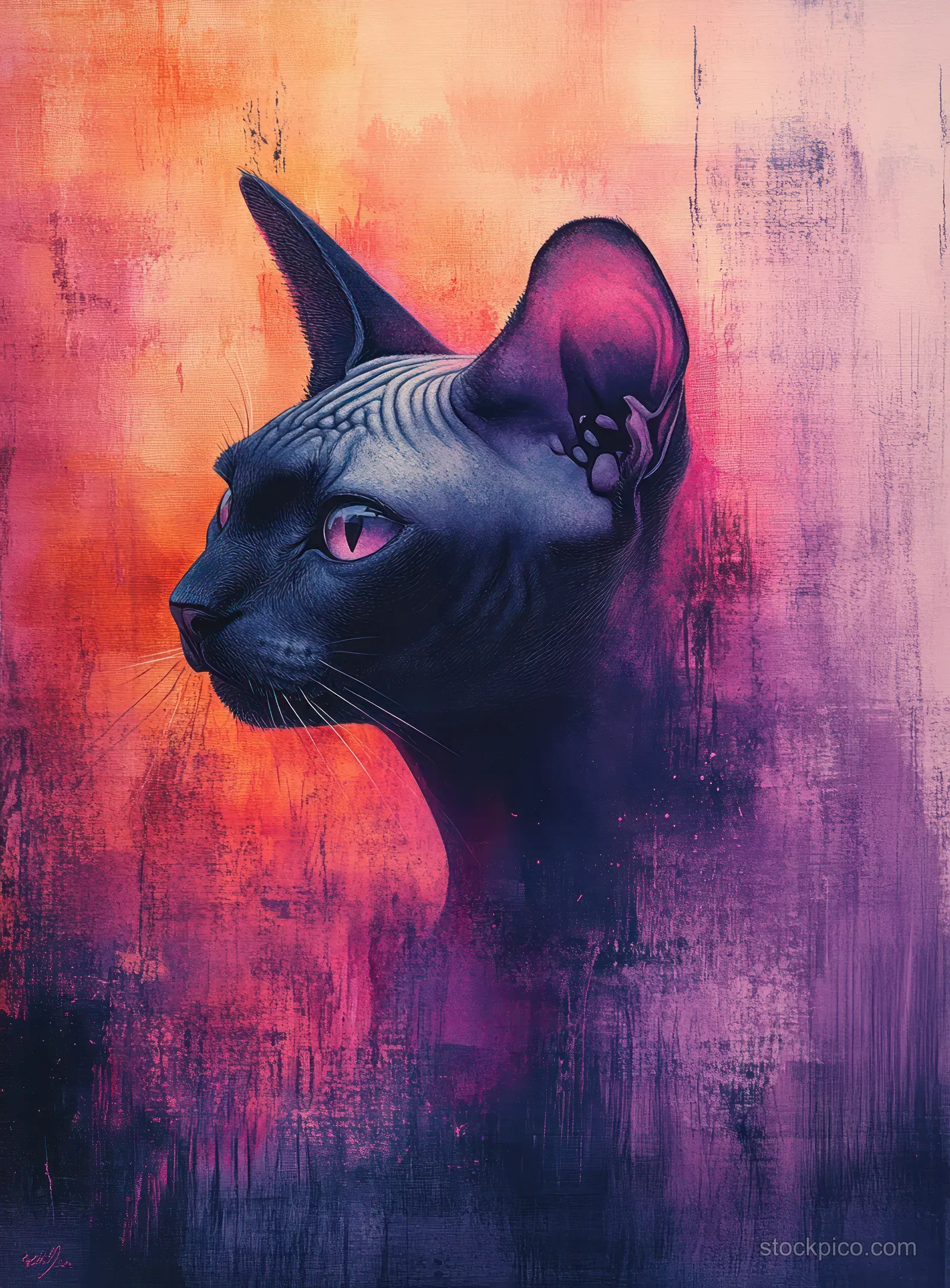Sphynx cat in side profile with green eyes against a purple and pink watercolor background.