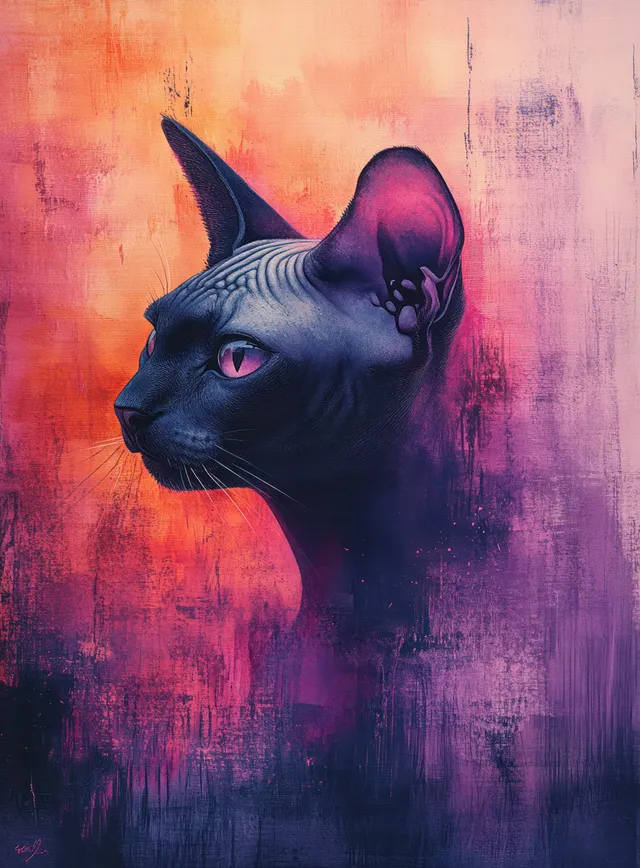 Watercolor profile portrait of a Sphynx cat with purple-pink abstract background and vivid green eyes