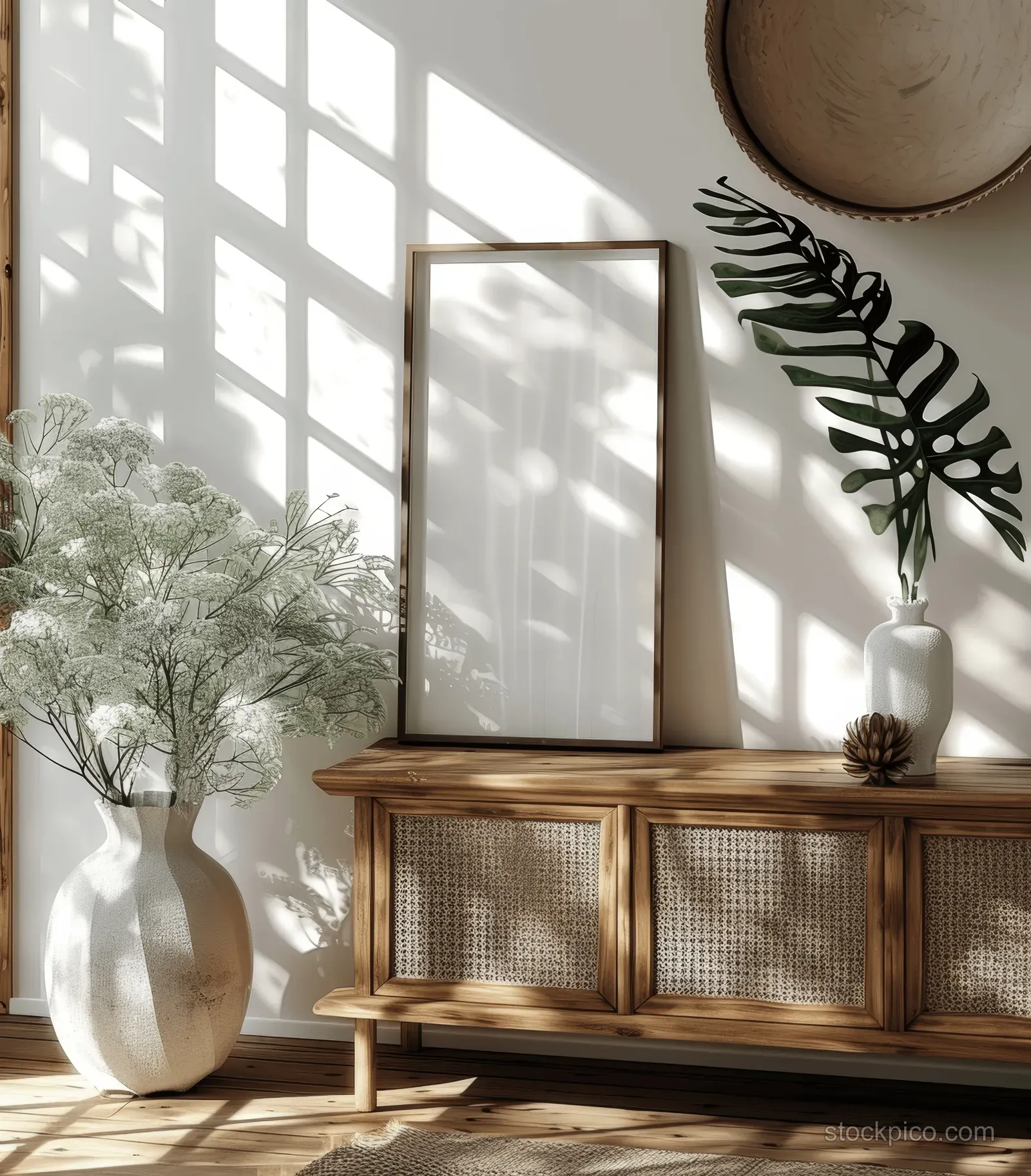 A sunlit bedroom corner shows a wooden sideboard with a framed poster and a tropical plant in a vase.