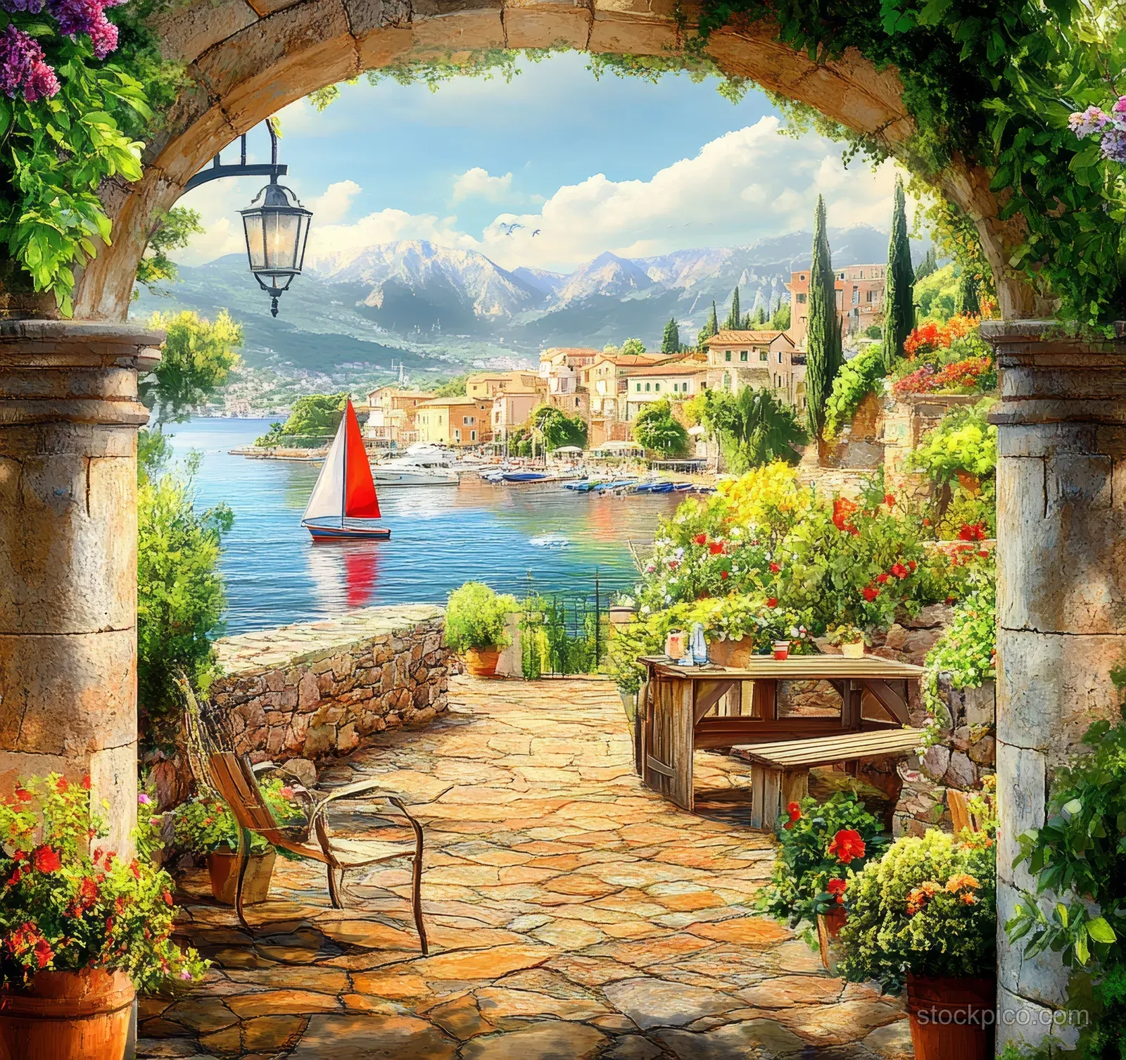 Stone arch overlooks a cobblestone walkway beside colorful harbor houses, planters of red flowers, and calm blue water.