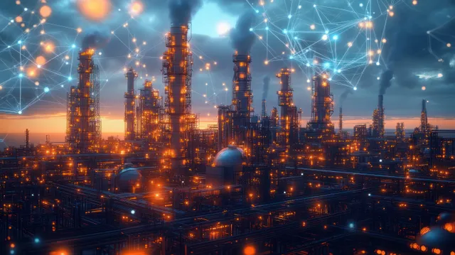 Orange-lit refinery stacks emit dark smoke as a glowing network overlay spans the industrial complex at dusk.
