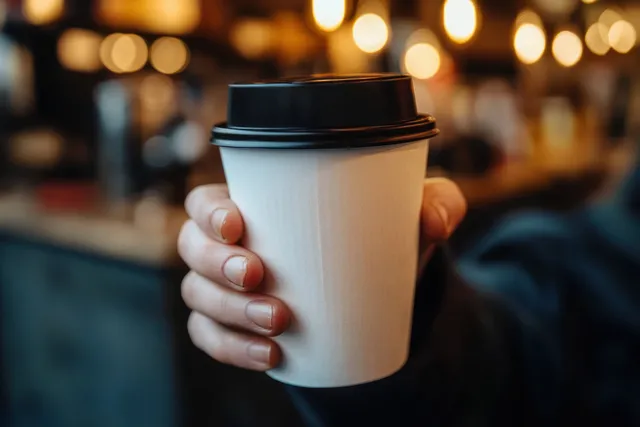 A hand holds a white paper coffee cup with a black lid while warm bokeh lights glow indoors.