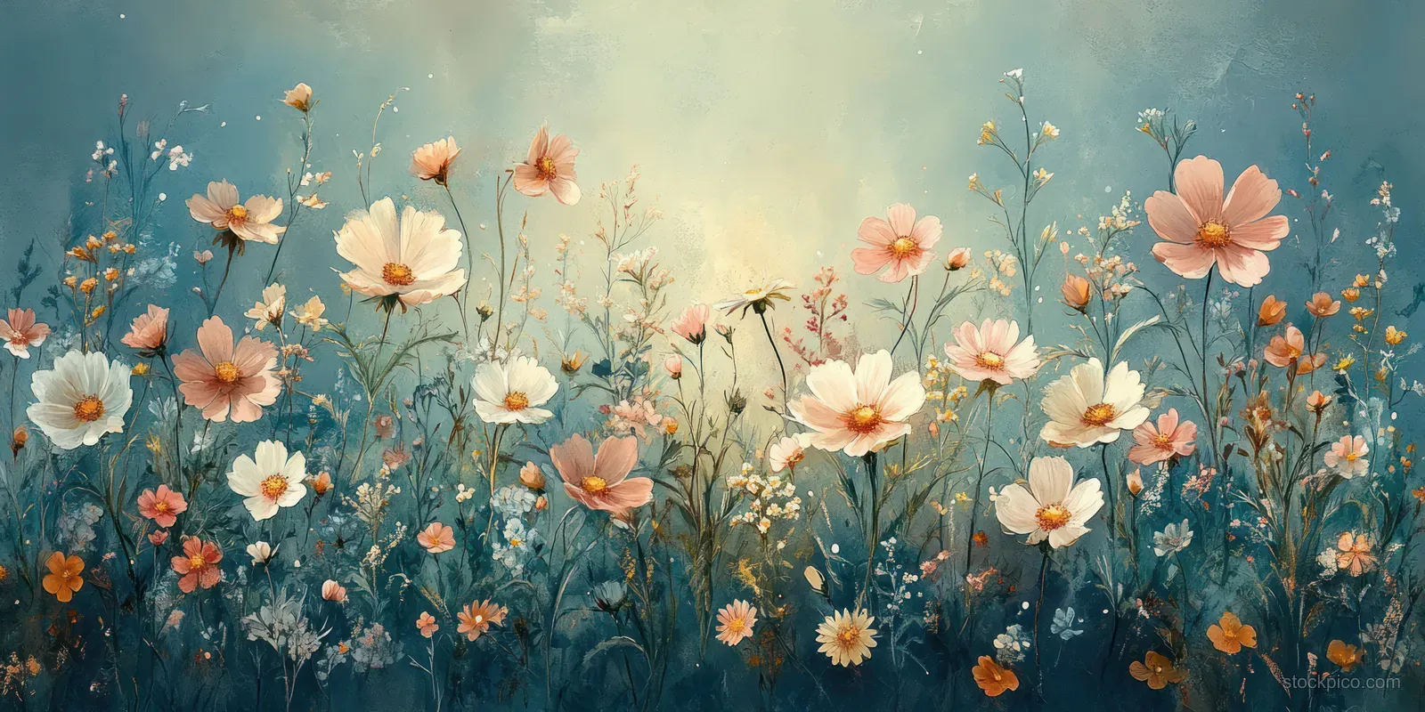 Watercolor wildflower meadow illustration with pastel daisies arranged in a seamless border frame on blue.