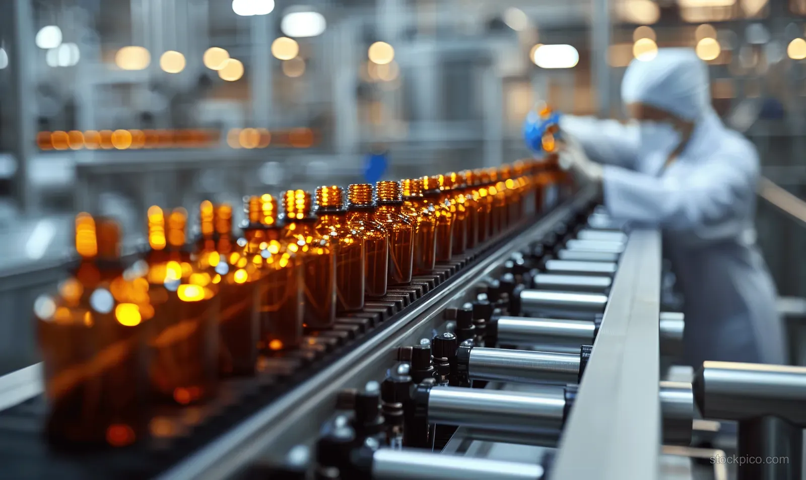 A scientist inspects amber bottles on a pharmaceutical production line.