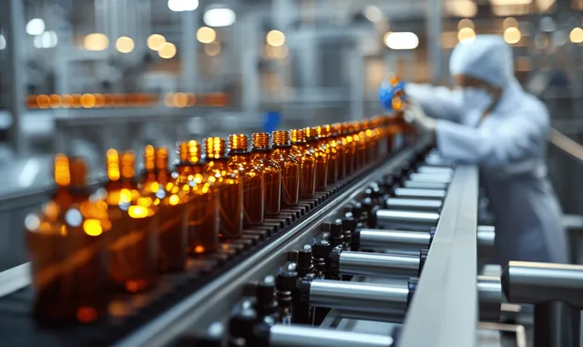 Scientist inspecting amber medical bottles on a pharmaceutical production line