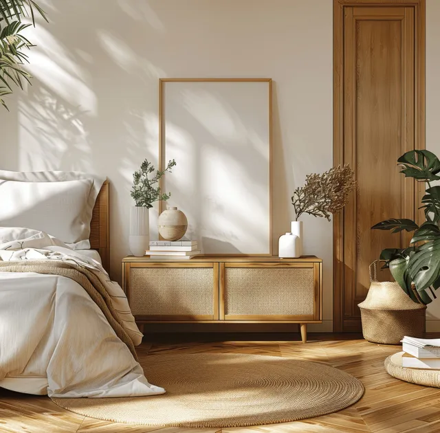 Sunlit bedroom interior with wooden cabinet, blank poster frame mockup, and neutral bedding beside potted plants.