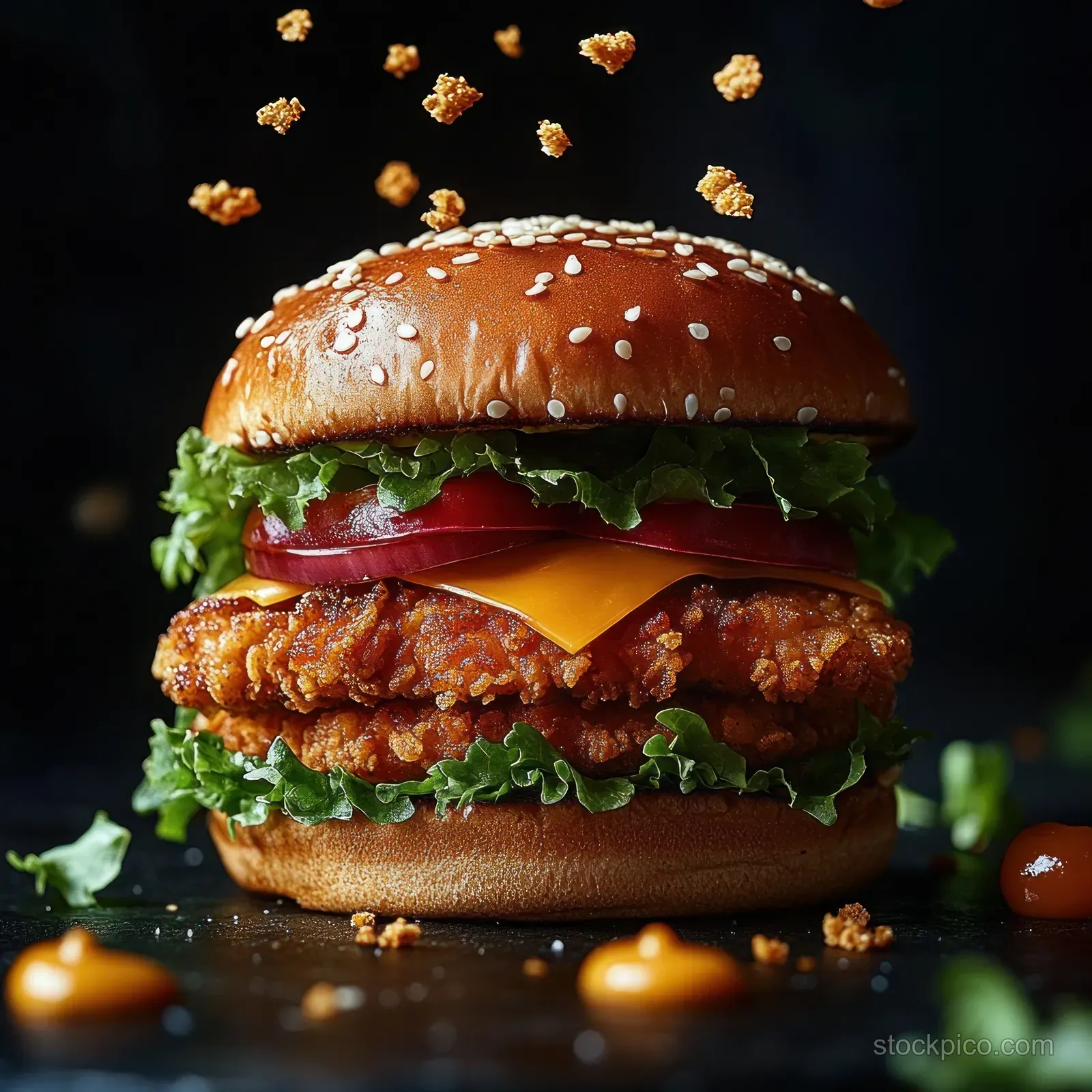 Crispy chicken sandwich with lettuce, tomato, cheddar, and sesame bun while crumbs fall on a dark background.