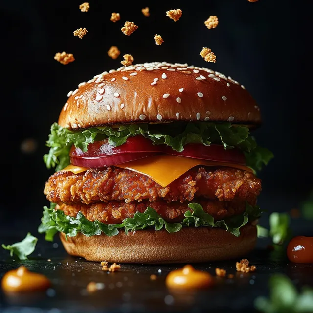 Crispy chicken sandwich with lettuce, tomato, cheddar, and sesame bun while crumbs fall on a dark background.
