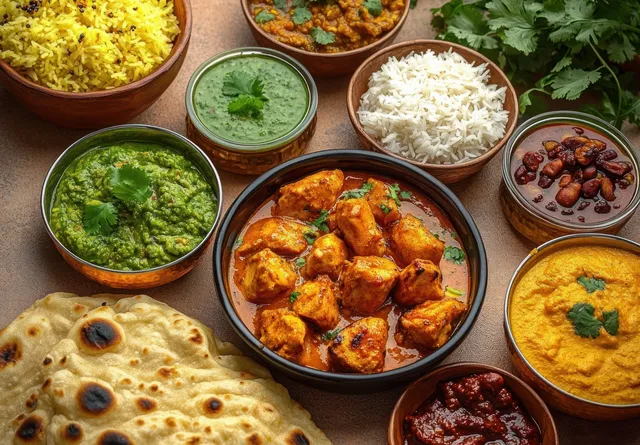 An Indian meal spread with naan, chicken curry, rice bowls, and chutneys garnished with fresh herbs.