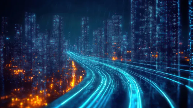 Neon highway curves through a futuristic night city with glowing blue data towers and floating digital numbers.