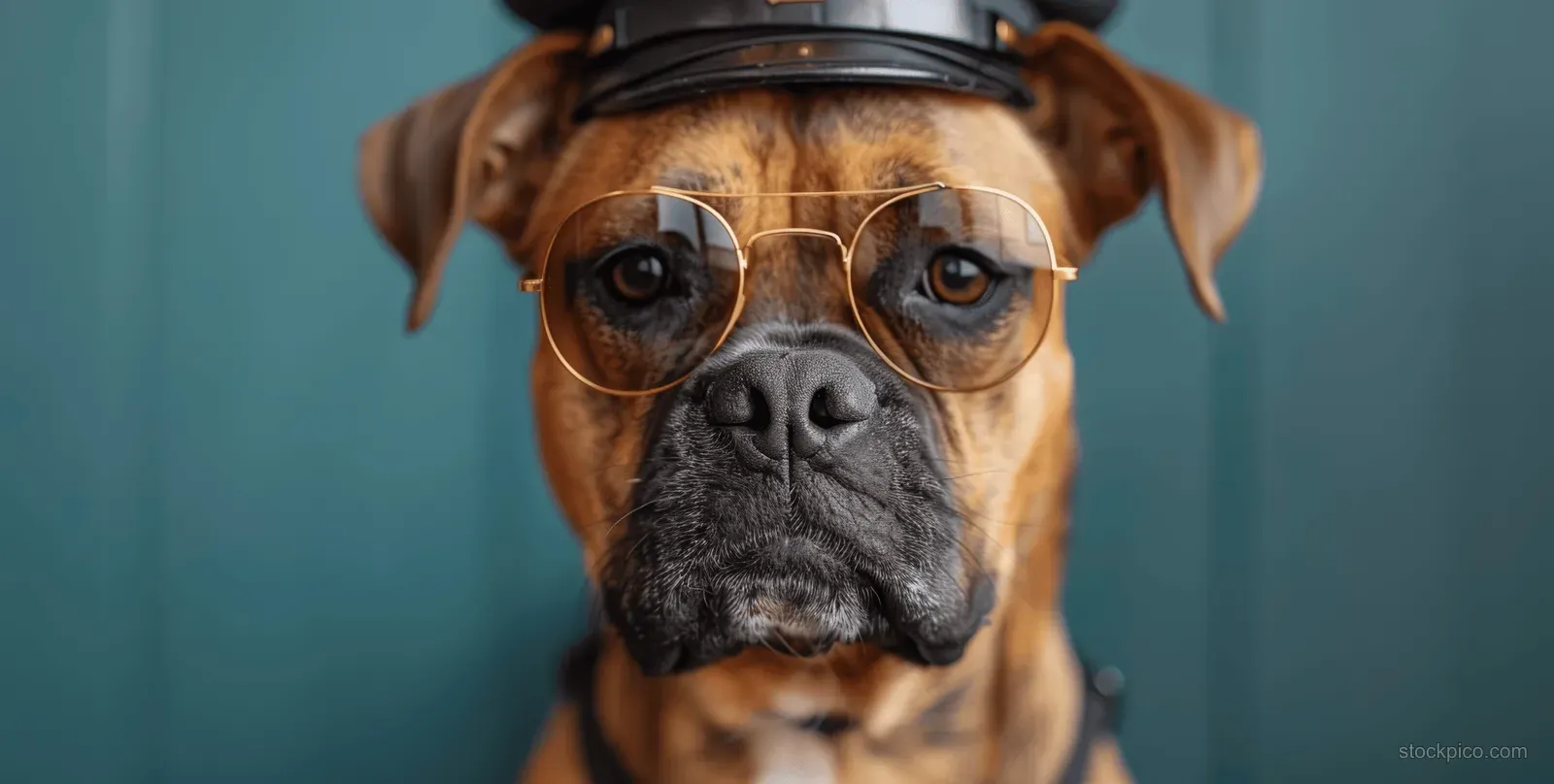Bullmastiff dog wearing sunglasses and a police-style cap, facing camera against a blue background.