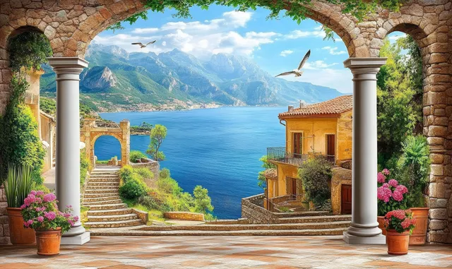 Mediterranean terrace mural framing a blue sea and mountains through stone arches