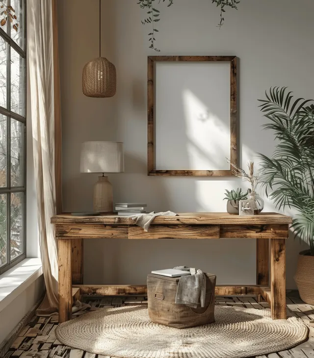 Rustic wooden desk with lamp and framed poster mockup in minimalist living room near window light