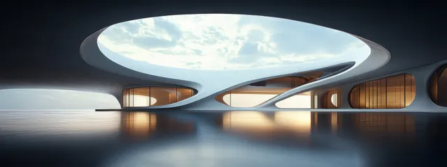 Futuristic interior with curved openings and warm window lights, with a glowing skylight reflected on still water.
