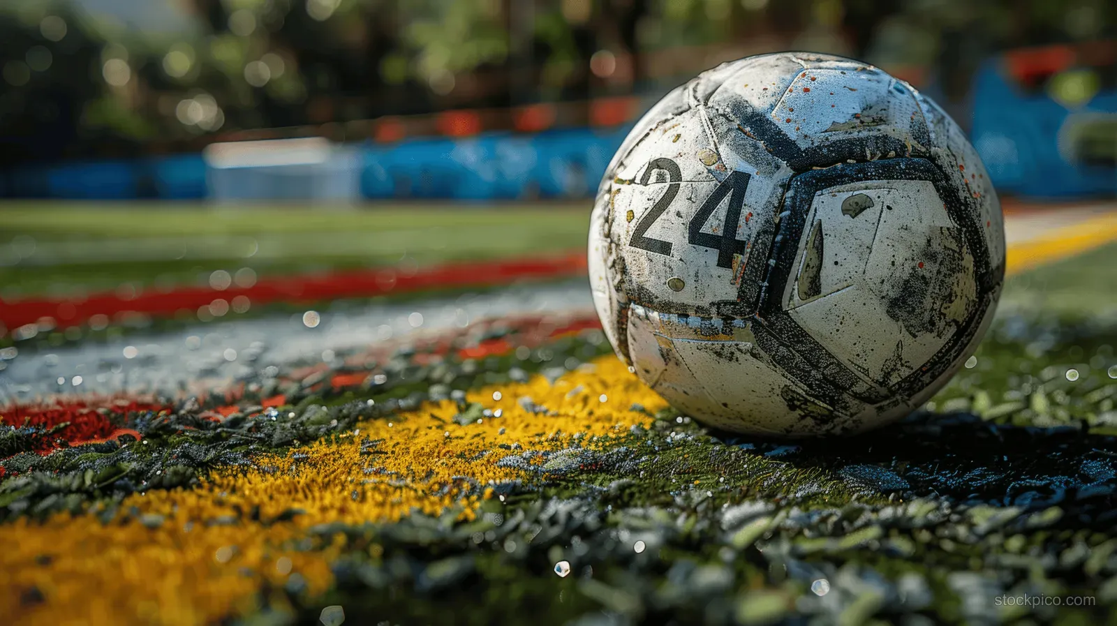 Worn soccer ball on wet green grass with colorful field lines and a blurred background behind it.
