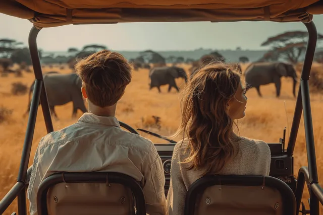A young couple enjoys a safari in an open jeep, watching elephants in the African savanna under natural daylight.