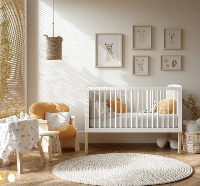 Cozy Scandinavian nursery with white crib, playful animal wall art, and warm natural light