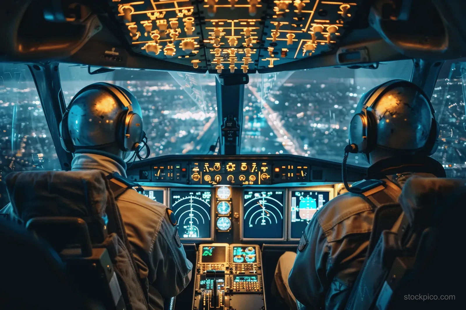 Two uniformed pilots operate cockpit instruments at night as runway lights stream past outside the windows.