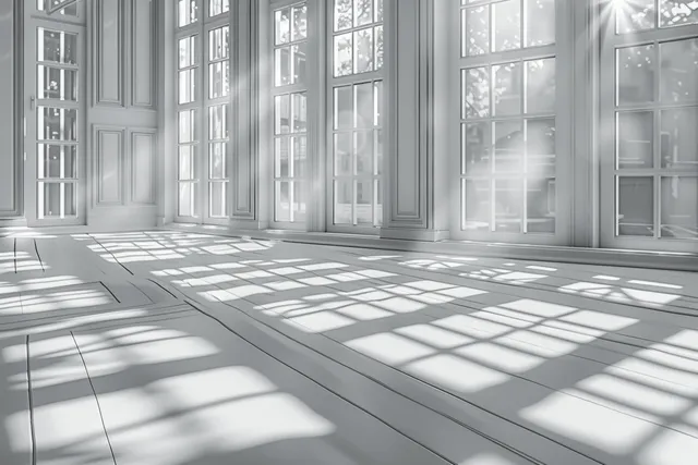 Sunlight from tall windows creates diagonal shadow stripes on a white interior floor.