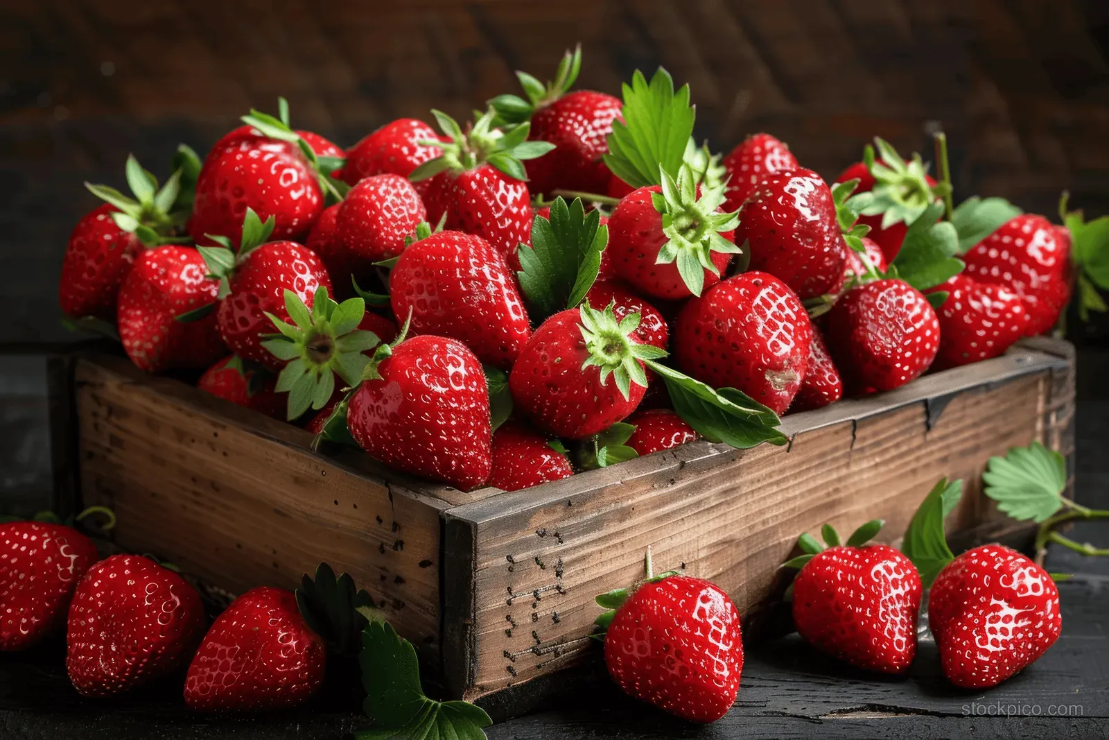 Ripe strawberries spill from a wooden crate with green leaves against a dark background.