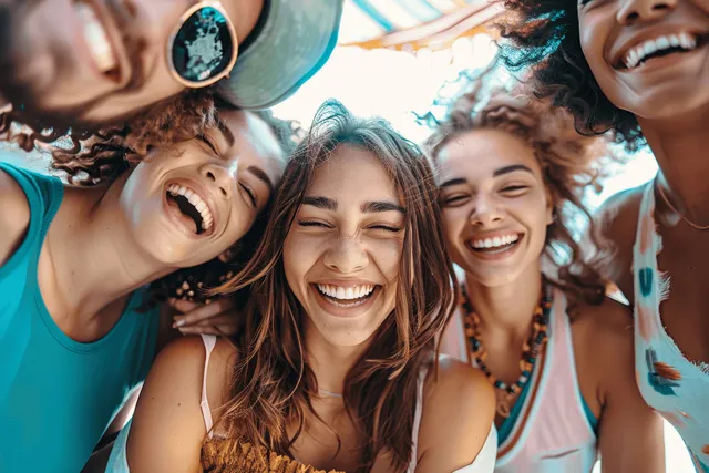Multiracial group of friends laughing together in outdoor selfie, bright sunny sky