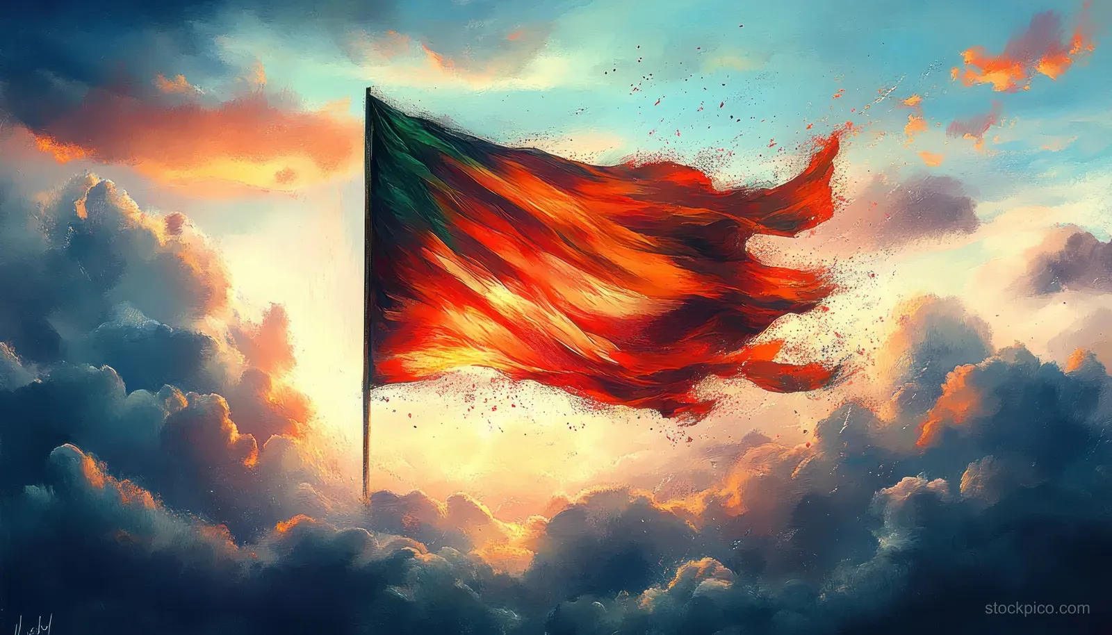 Bangladesh flag waves across a dramatic watercolor sky filled with clouds and glowing colors.