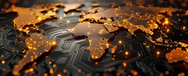Golden world map glowing across a dark circuit board with scattered light points representing network connections.
